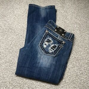 Women’s Plus Miss Me Dark Wash Blue Distressed Pockets Bootcut Jeans Size 34x31